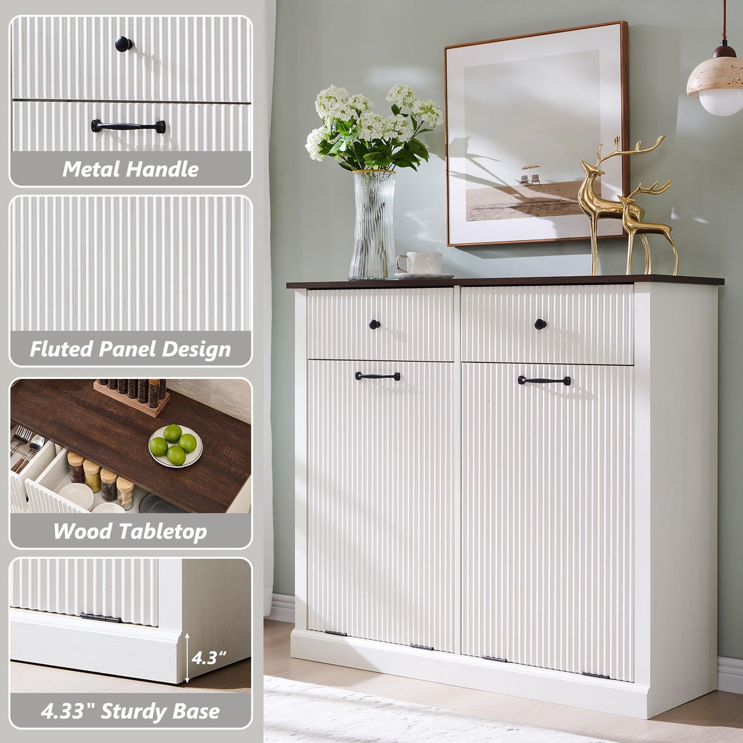 Modern Double Tilt-Out Trash Cabinet, 20 Gallon Fluted Laundry Hamper Cabinet w/2 Drawers, Wooden Hidden Garbage Can Cabinets with Storage Basket,Free Standing for Kitchen & Living Room, White