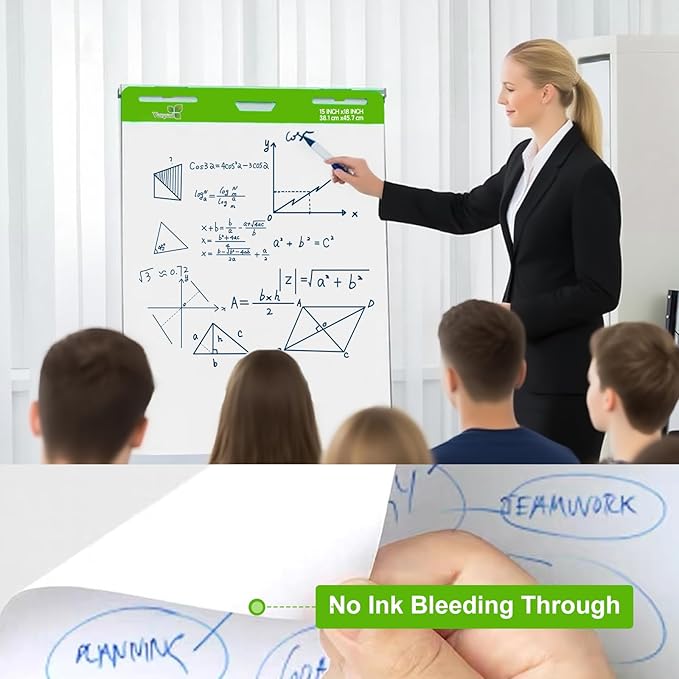 Sticky Easel Pad 15 in x 18 in, 35 Sheets/Pad, 4 Pads/Pack, 140 Sheets， Large White Sticky Easel Paper for Office and Classrooms, Flip Chart Paper for Teachers，Super Sticking Power & Bleed-Resistant