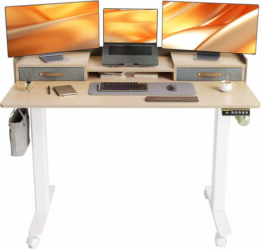 YDN Standing Desk with Drawers, 55 Inch Standing Desk Adjustable Height, Adjustable Electric Stand Up Sit Stand Small Desks with Storage and Shelf, Natural