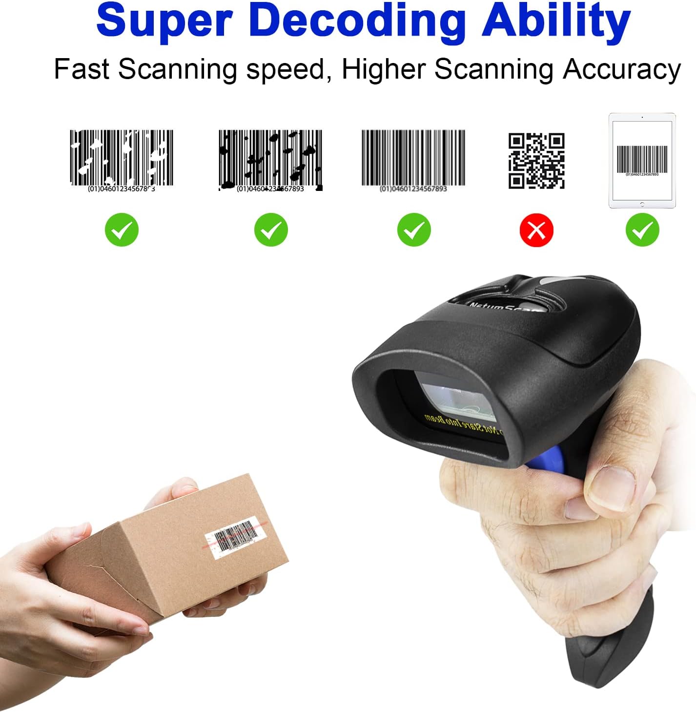 NetumScan Wireless Barcode Scanner with Stand, 2-in-1 Automatic USB Cordless 1D Barcode Reader Handheld CCD Bar Code Scanner with Stand for Store, Supermarket, Warehouse