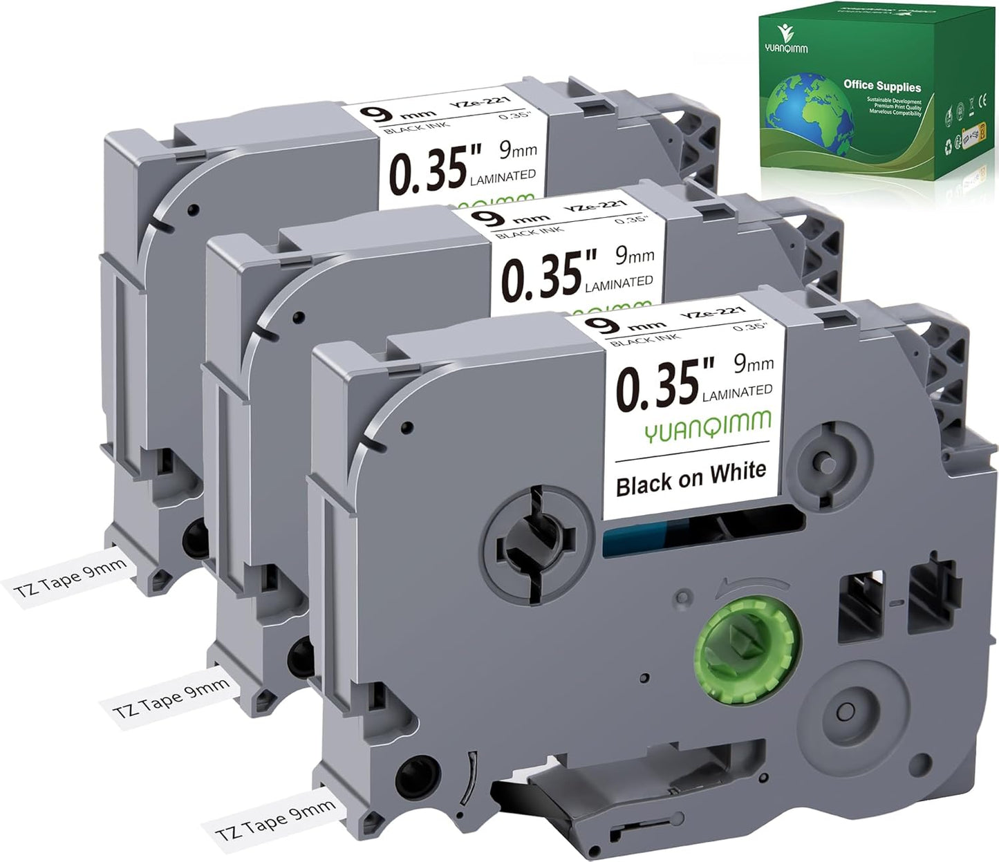 TZe-221 9mm Laminated White TZ Tape Compatible with Brother TZe221 TZ221 TZ-221 Replacement for Brother PTouch 9mm 0.35 Label Tape for PTH100 H110 D400AD D210 1290 Printers, 3-Pack