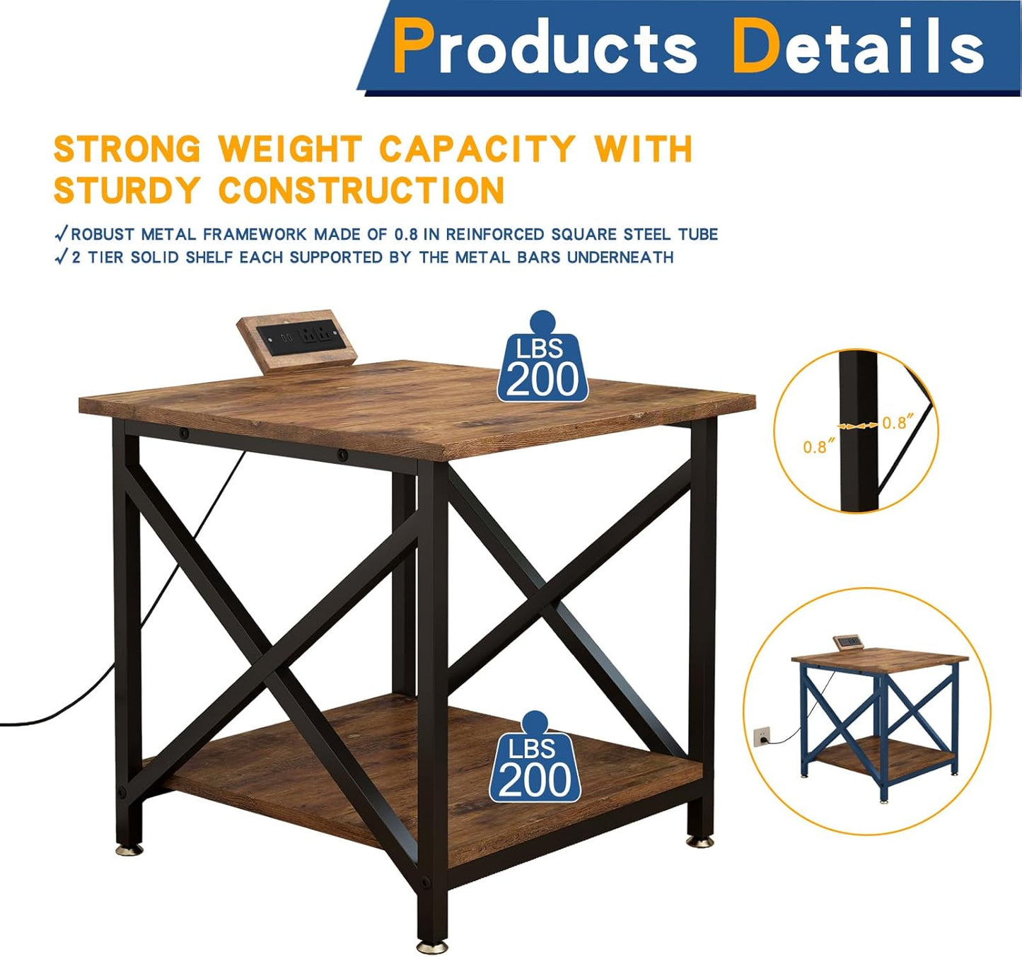 Large Printer Stand with Power Outlet, with Storage Shelf, 2 Tier Rolling Printer Cart with Industrial Wheels, 23.6 x 23.6 Inches Printer Table for Home Office,Rustic Brown