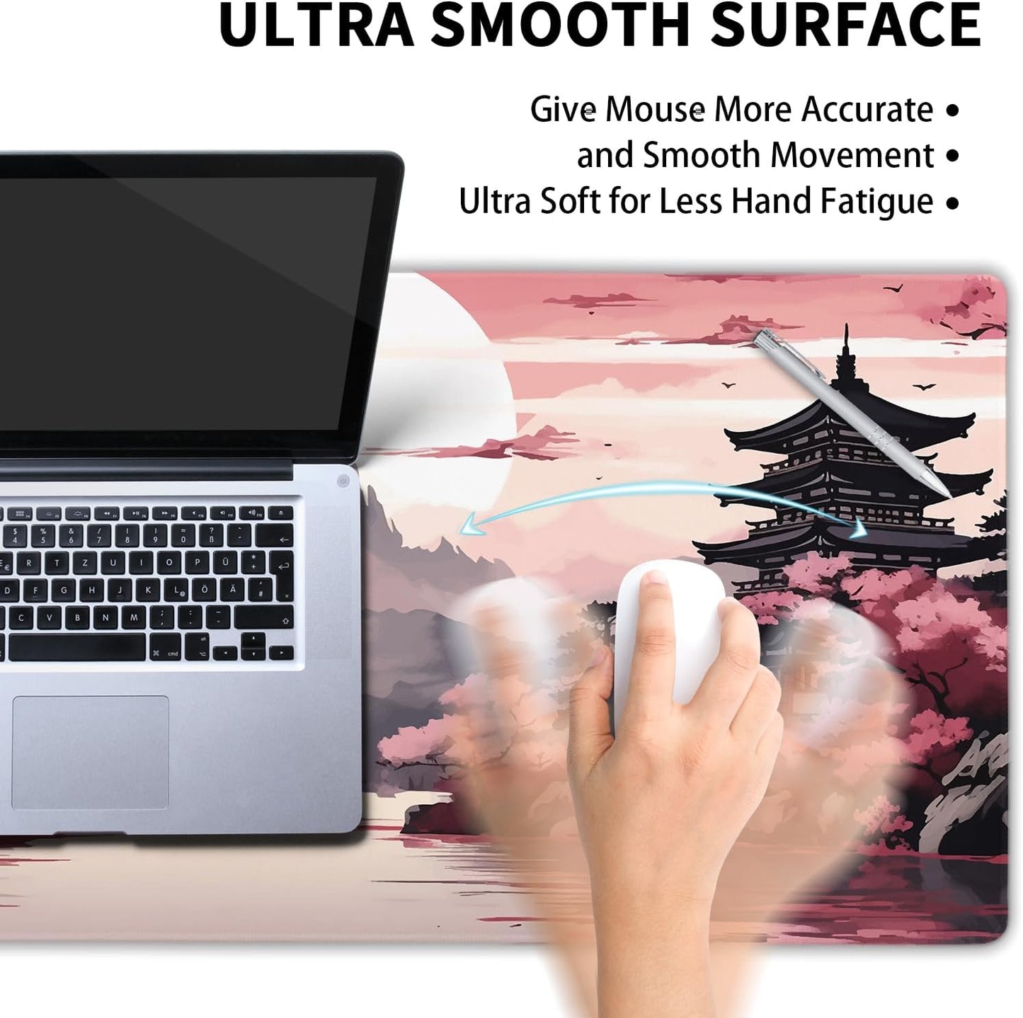 Pink Japanese Sakura Gaming Mouse Pad Large XL Cherry Blossom Tower Mountain Landscape Extended Desk Mat Big Mousepad Non-Slip Rubber Base Stitched Edge Long Desk Pad for Computer,24x14 in,60x35cm