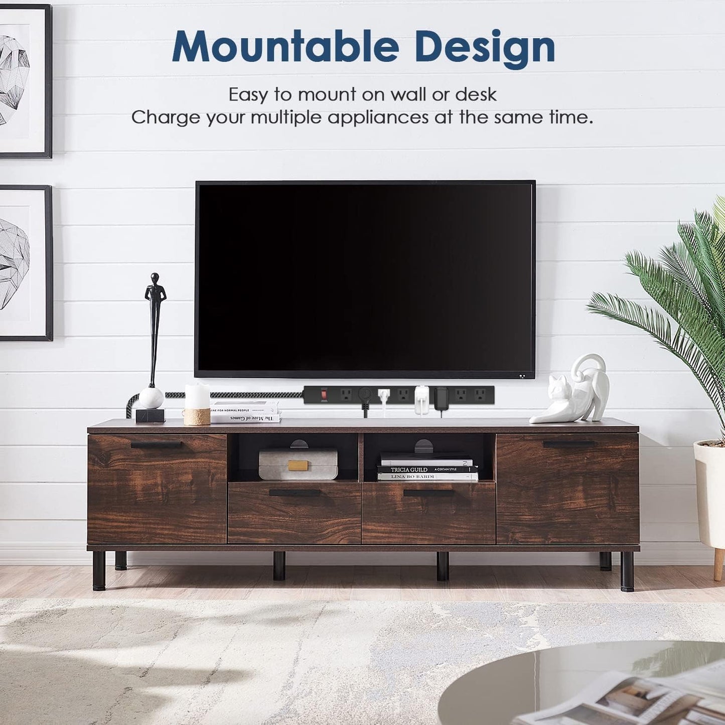 Metal 8 Outlet Mountable Power Strip with Switch,Wide Spaced Heavy Duty Wall Mount Power Strip Surge Protector 1200J,3FT 14AWG Braided Cord 15A 125V 1875W for Home Office Industrial Garage Commercial