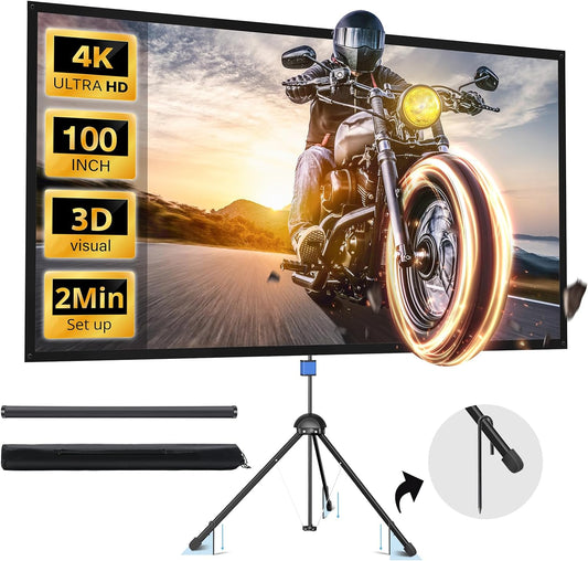 Projector Screen with Stand, PARIS RHÔNE 100-inch Outdoor Indoor Projector Screen 16:9 4K HD PVC, 1.5 Gain Portable Wrinkle-Free Movie Screen for Home Backyard Theater with Carry Bag, Ground Nails