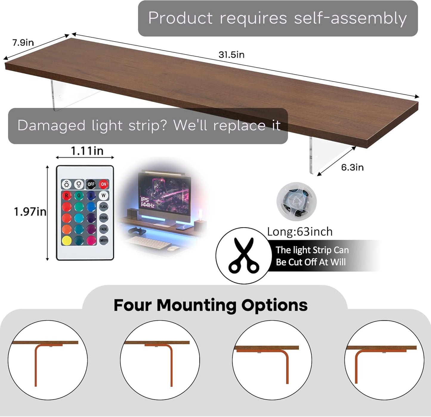 Monitor Stand Riser,Wood & Acrylic Computer Monitor Stand with LED Light,Desk Accessories Desktop Organizer Stand for Computer,Laptop,Printer,PC & TV Screen
