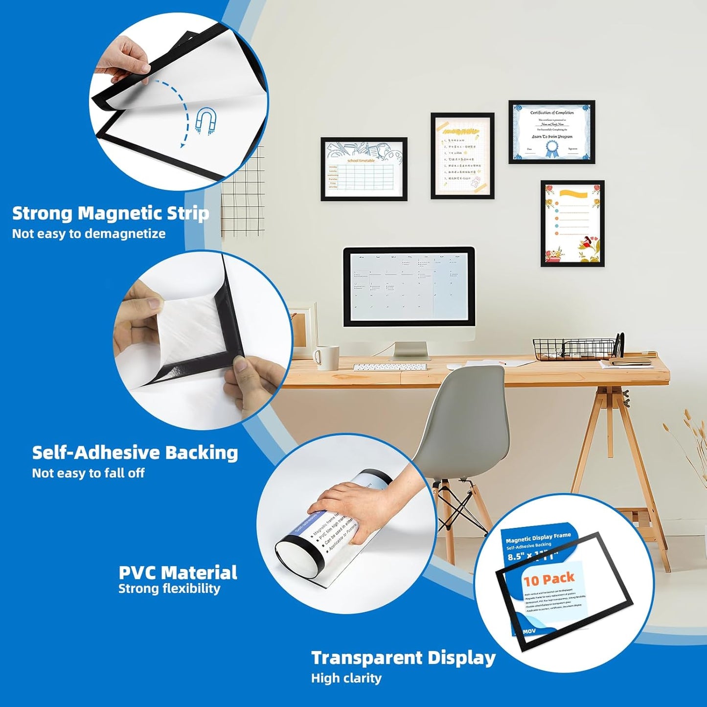 Magnetic Sign Holder 8.5 x 11-10 Pcs Double Sided Magnetic Frames for Refrigerator Reusable Adhesive Frames for Walls Window Door Sign Holder PVC Magnetic Picture Frame Document Holder