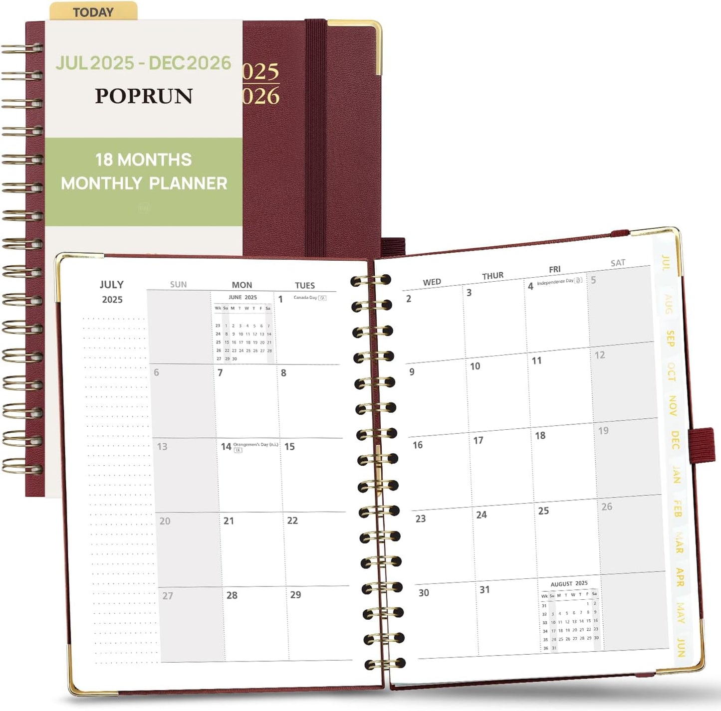 POPRUN Monthly Planner 2025-2026 Spiral Hardcover (6.25'' x 8.5''), 18 Months Calendar (Jul.2025 - Dec.2026)- 2 Pages per Month with Dotted Note Pages, Sunday Start, Laminated Tab - Burgundy