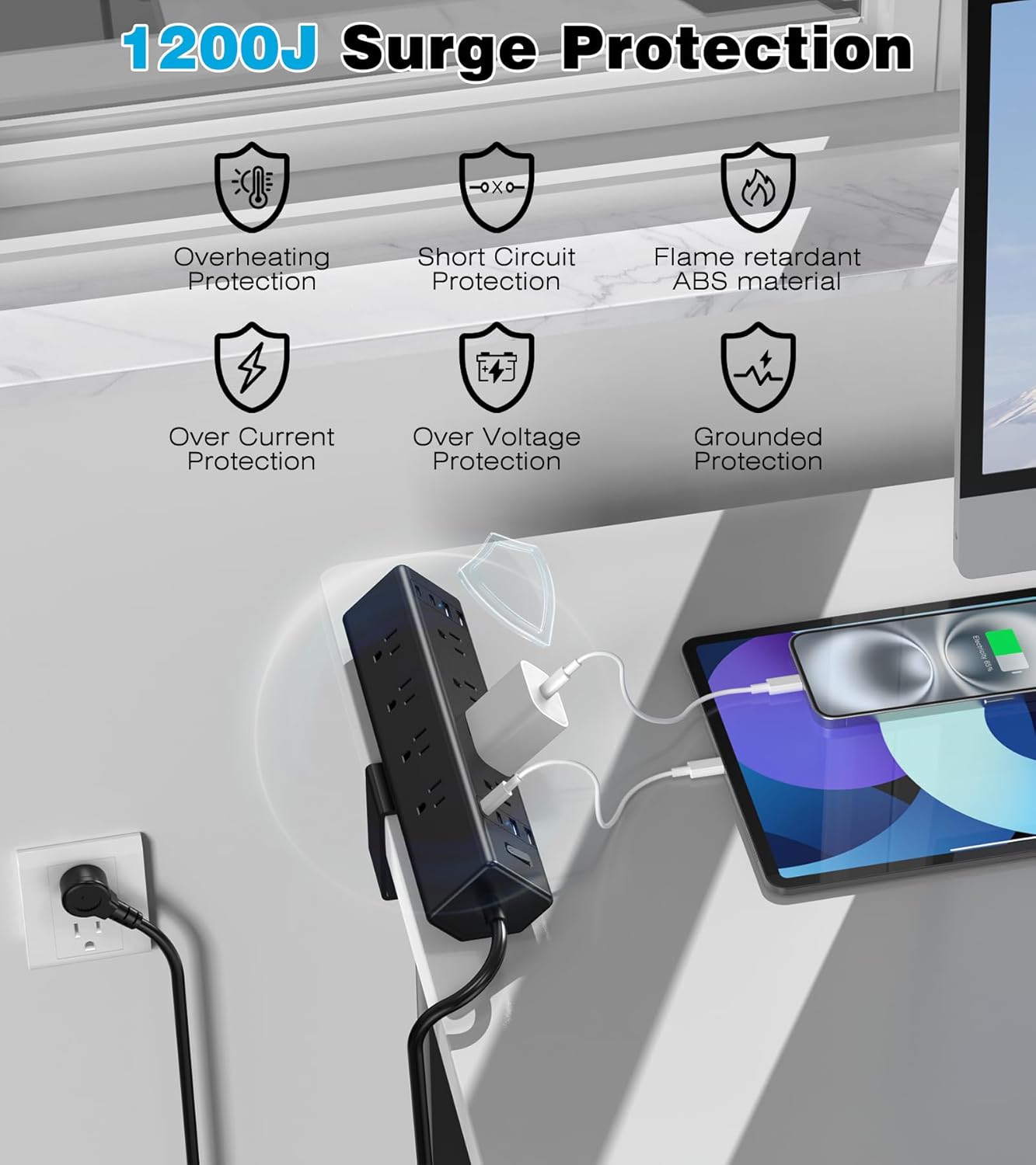 40W Fast Charging Station,Desk Clamp Power Strip,4 USB-C Ports & 8 AC Outlets,Desktop Edge Mount Surge Protector Power Strip,14AWG Heavy Duty Cord,Fit 1.9" Tabletop Edge for Home Office(10Ft Cable)