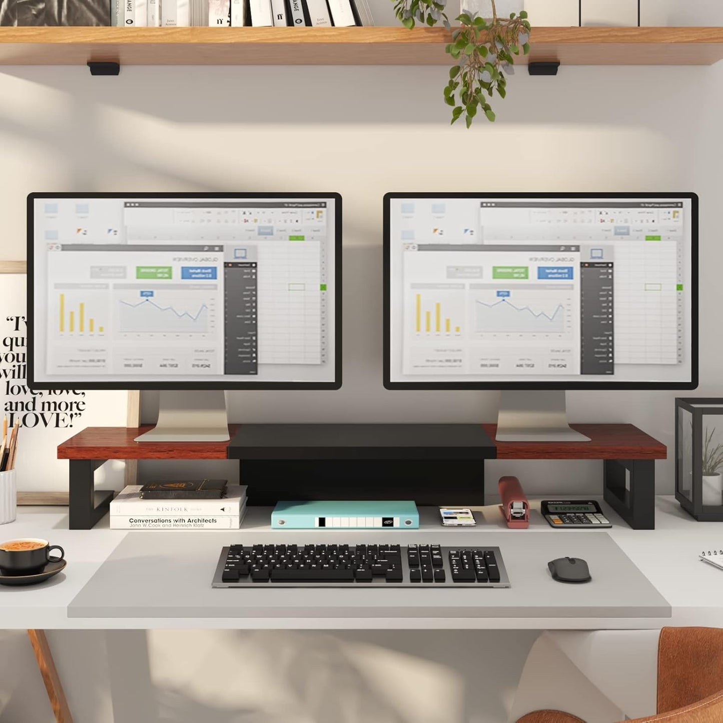 WESTREE Dual Monitor Stand Riser, Wood and Steel Monitor Stand Riser, Computer Monitor Stand for 2 Monitors, Multi-Purpose Desktop Storage Stand for Computer,Laptop,Printer,TV