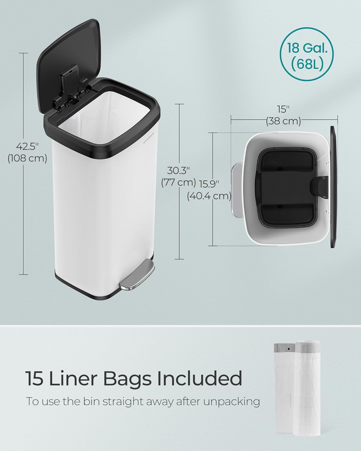 SONGMICS Kitchen Trash Can, 18-Gallon Stainless Steel Garbage Can, with Stay-Open Lid and Step-on Pedal, Soft Closure, Tall, Large and Space-Saving, White and Black ULTB520W68