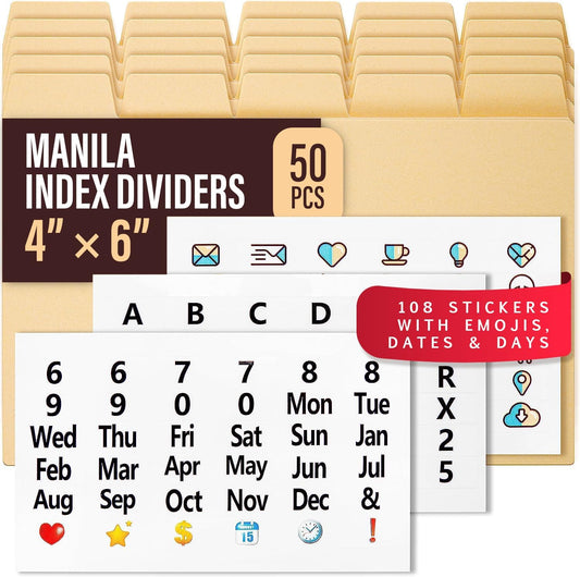 50 Manila Index Card Dividers with Tabs, 4x6 Blank, 108 Stickers - Monthly, Recipe & Greeting Card Dividers
