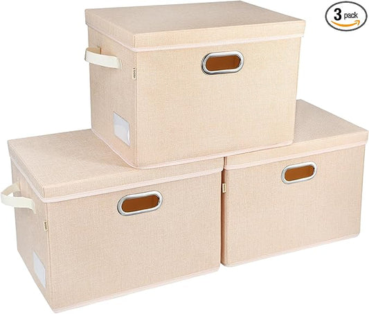 Voova Large Collapsible Storage Bins with Lids, 3 Pack Stackable Line Fabric Cube Storage Organizer, Foldable Closet Storage Boxes Baskets Containers with Cover for Clothes Bedroom Office Home,Apricot
