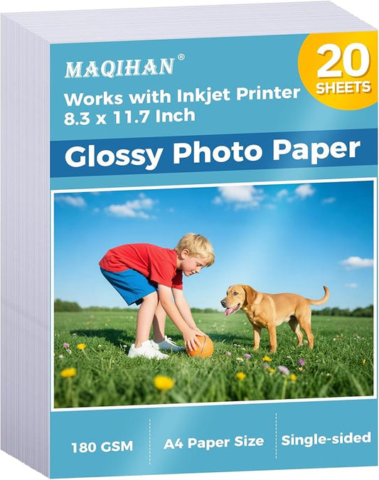 Glossy Photo Paper for Printer - 20 Sheets 8.3 x 11.7 In Inkjet Photo Printer Paper, Instant Dry Single-sided Printing Picture Paper for DIY Picture Wall, Greeting Card, Menu, Brochure, Decors