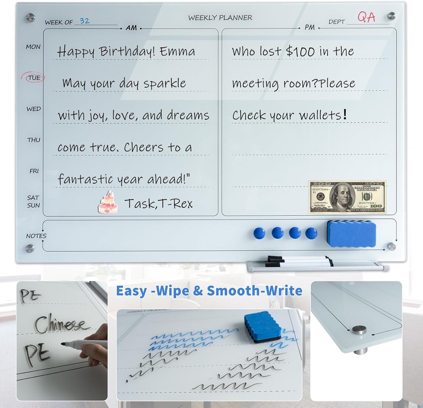 Magnetic Planner Writeboard 24"X36" Weekly Glass Calendar Ultra White Glassboard Premium Tempered Dry Erase Boards Frameless Wall Mounted (Ultra White)