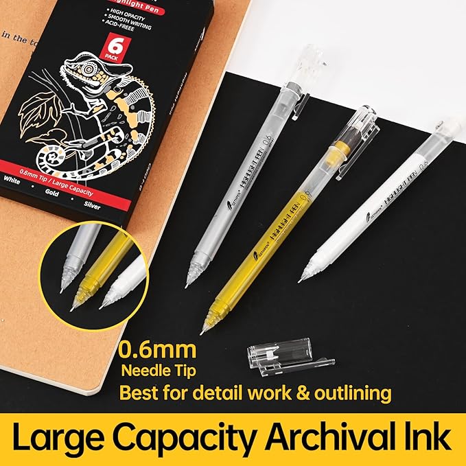 3 Colors 0.6mm Extra Fine Point Gel Pen Set – White, Gold & Silver Gel Ink Pens for Artists Drawing on Black Paper, Sketching, Bullet Journaling & Holiday Crafts