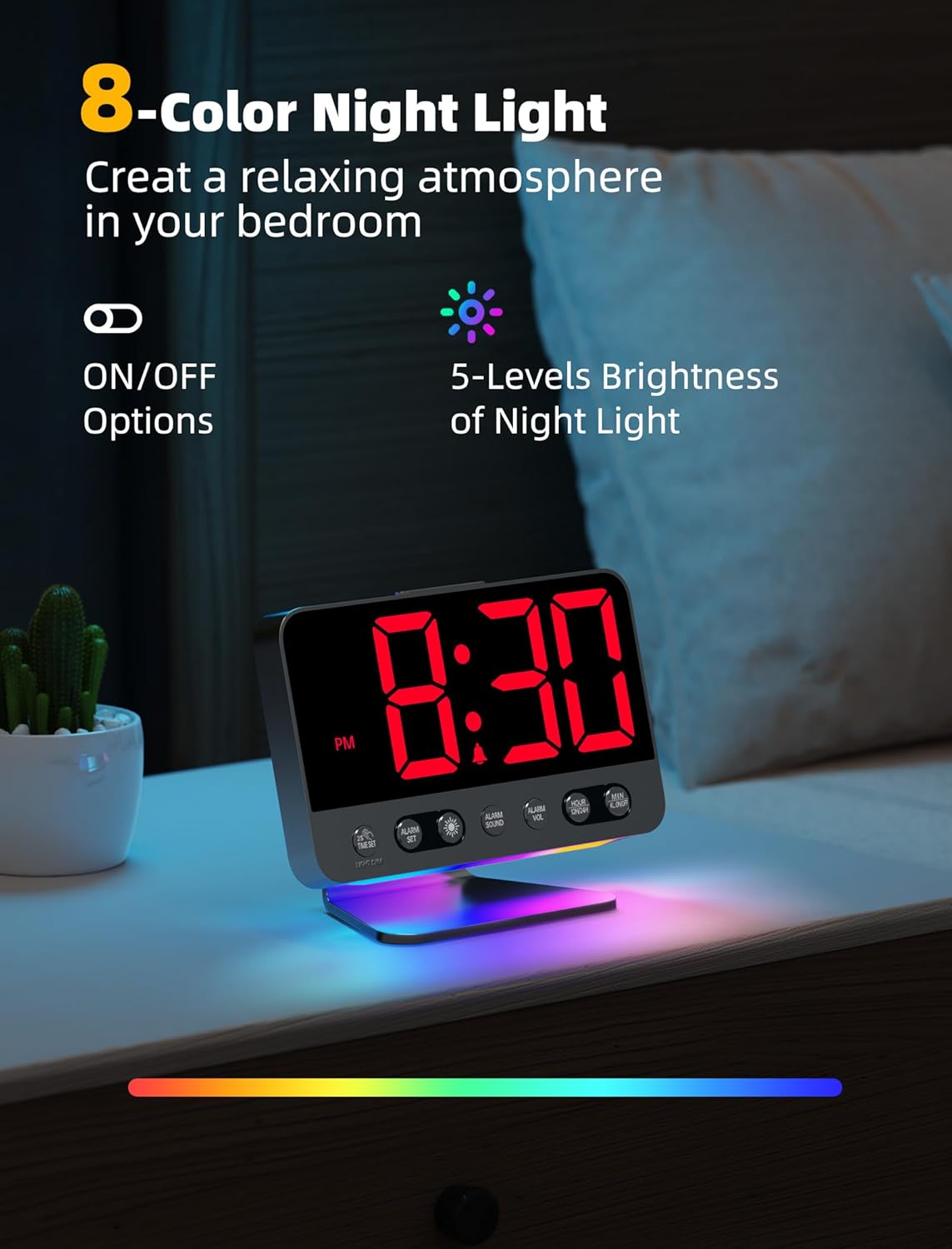 Digital Alarm Clocks for Bedrooms: Large Bold Number 5 Brightness Dimmer - Easy to Read Across The Room - 5 Alarm Sound 8 Night Light - Red