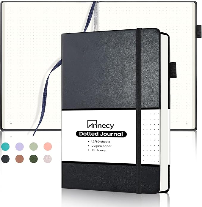 Annecy Numbered Bullet Dotted Journal Notebook, Medium 5.5x 8.25, 160 Pages 100GSM Writing Paper, A5 Black Faux Leather Cover with Pen Loop