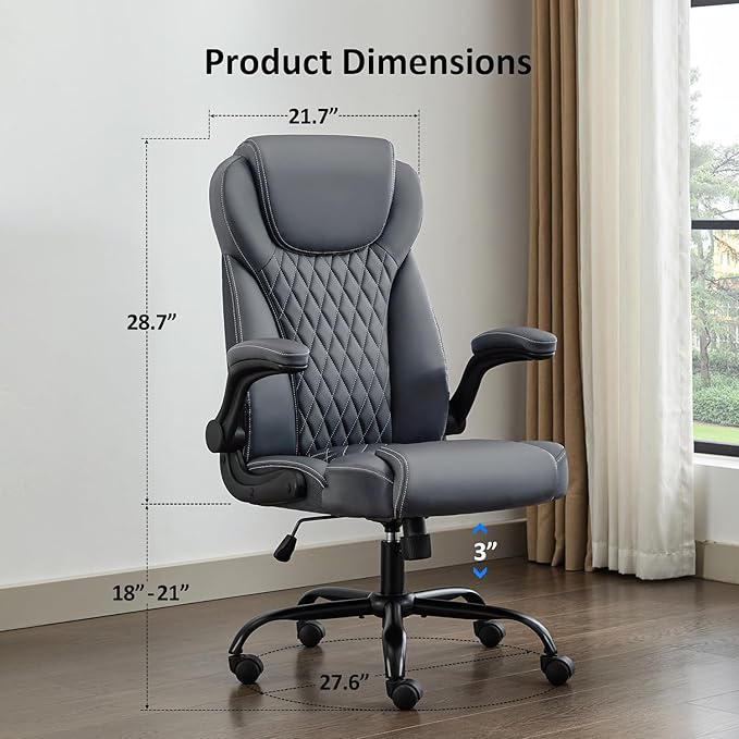 Office Chair, Executive Leather Chair Home Office Desk Chairs, Ergonomic Computer Desk Chair with Adjustable Flip-Up Arms, Lumbar Support Swivel Task Chair with Rocking Function (Gray)