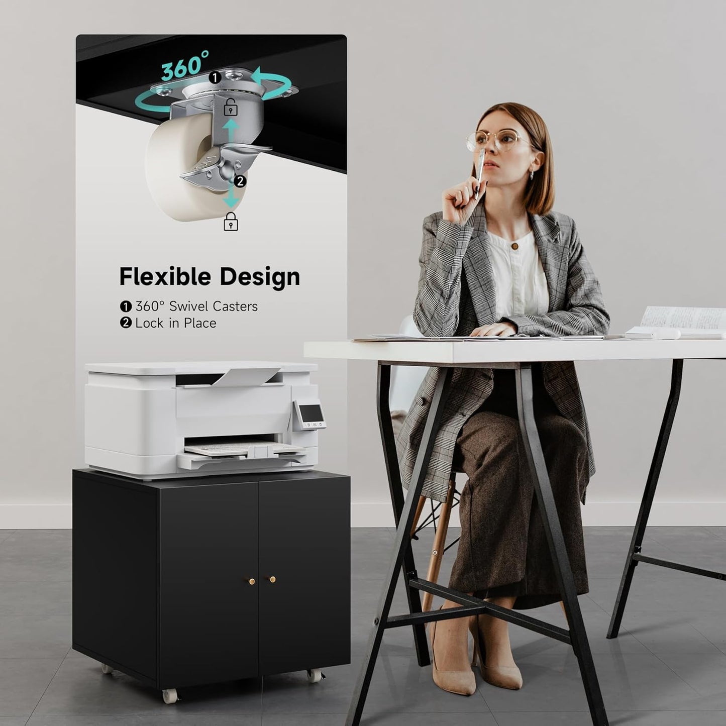 Warmiehomy Metal Printer Stand, 24x24x24'' Printer Cabinet with Storage, Mobile Printer Table with Wheels, Desk for Small Spaces with Door, Adjustable Metal File Cabinet for Home Office (Black)