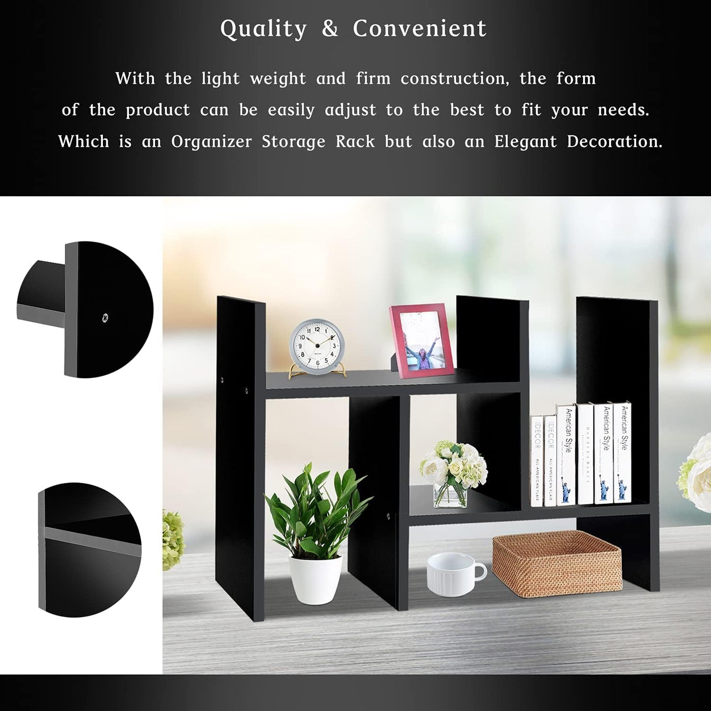 J.M.Deco Desktop Organizers and Storage for Office, Adjustable Desktop Organizer Shelf Double H Display, True Natural Stand Shelf, Black