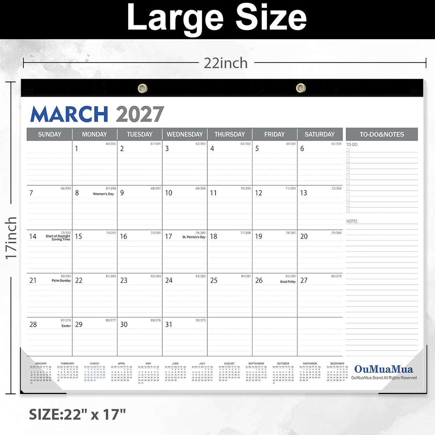 OuMuaMua Large Desk Calendar 2026-2027 - 18 Months from Jan. 2026 through Jun. 2027, 22 x 17 Inches Desktop Wall Calendar with Julian Date To-do & Notes, Corner Protectors for School Home Office