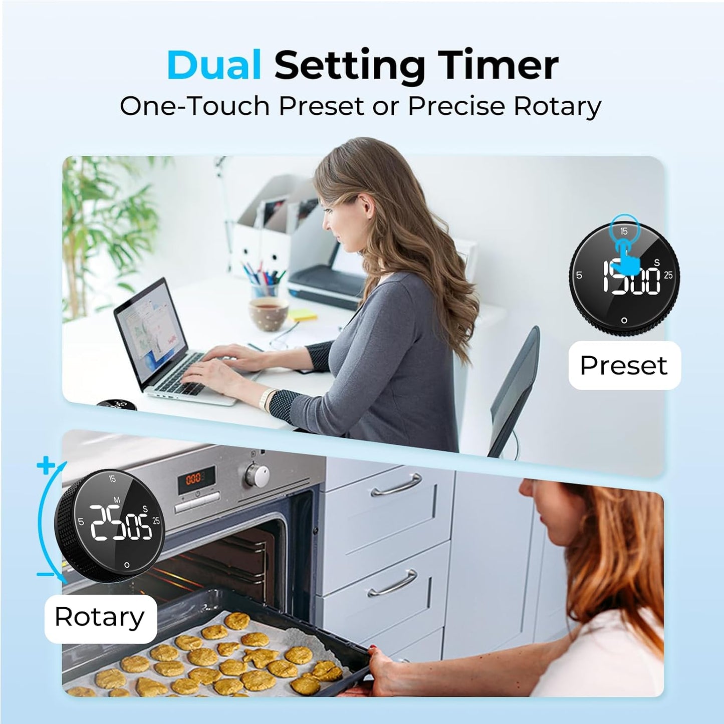 Magnetic Kitchen Timer for Cooking with Loud Alarm - [AAA Battery Included & Large LED Display] Countdown/Countup Rotating Pomodoro Timer, Visual Digital Timers for Classroom Gym