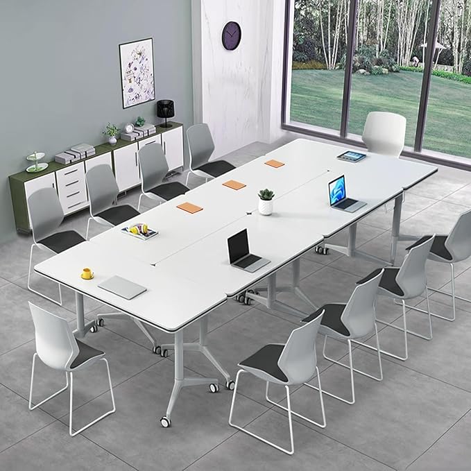 Folding Conference Table, Modern Large Conference Room Tables with Flip-Top Design, Foldable Conference Table Meeting Table with Wheels, Mobile Seminar Training Tables for Office Classroom (4, White)