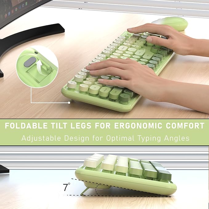 Wireless Keyboard and Mouse, Full-Size Retro Typewriter Keyboard with Round Keycaps, 2.4GHz for Windows, Mac, Laptop, PC, Desktop (Green Gradient)