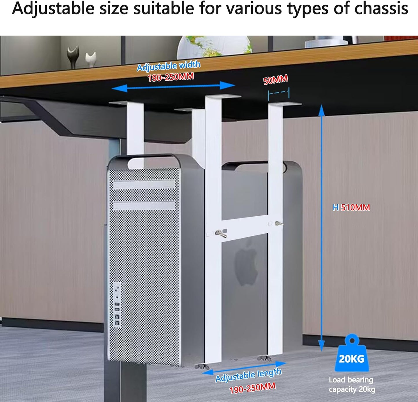 Durable PC Tower Stand | PC Stand for Carpet & Floor | Under Desk Laptop Mount | SPCC Cold Rolling Steel | Adjustable Width 190-250mm | Max Load 25kgs | White/Black (White)