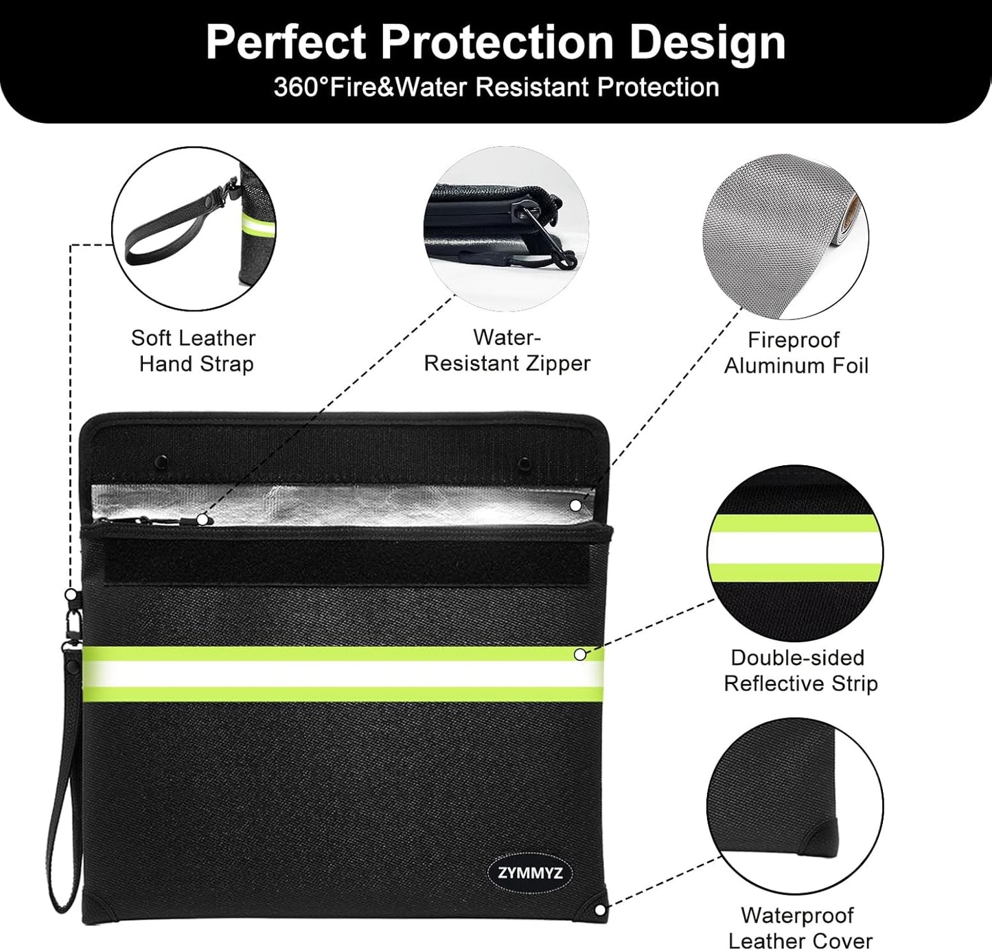 Fireproof Document Bag with Water Resistant Zipper,6200°F Heat Insulated Fire Proof Pouch with Soft Leather Hand Strap,Fire and Waterproof Envelope for Cash,Documents,Jewelry