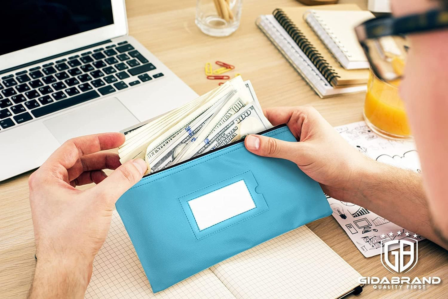 Money Bank Deposit Bag with Zipper | 11x6 inch | Light Blue | Durable Leatherette Money Cash Coin Check Wallet Pouch for Men & Women with Framed ID Window and Blank Card | by GIDABRAND (10)