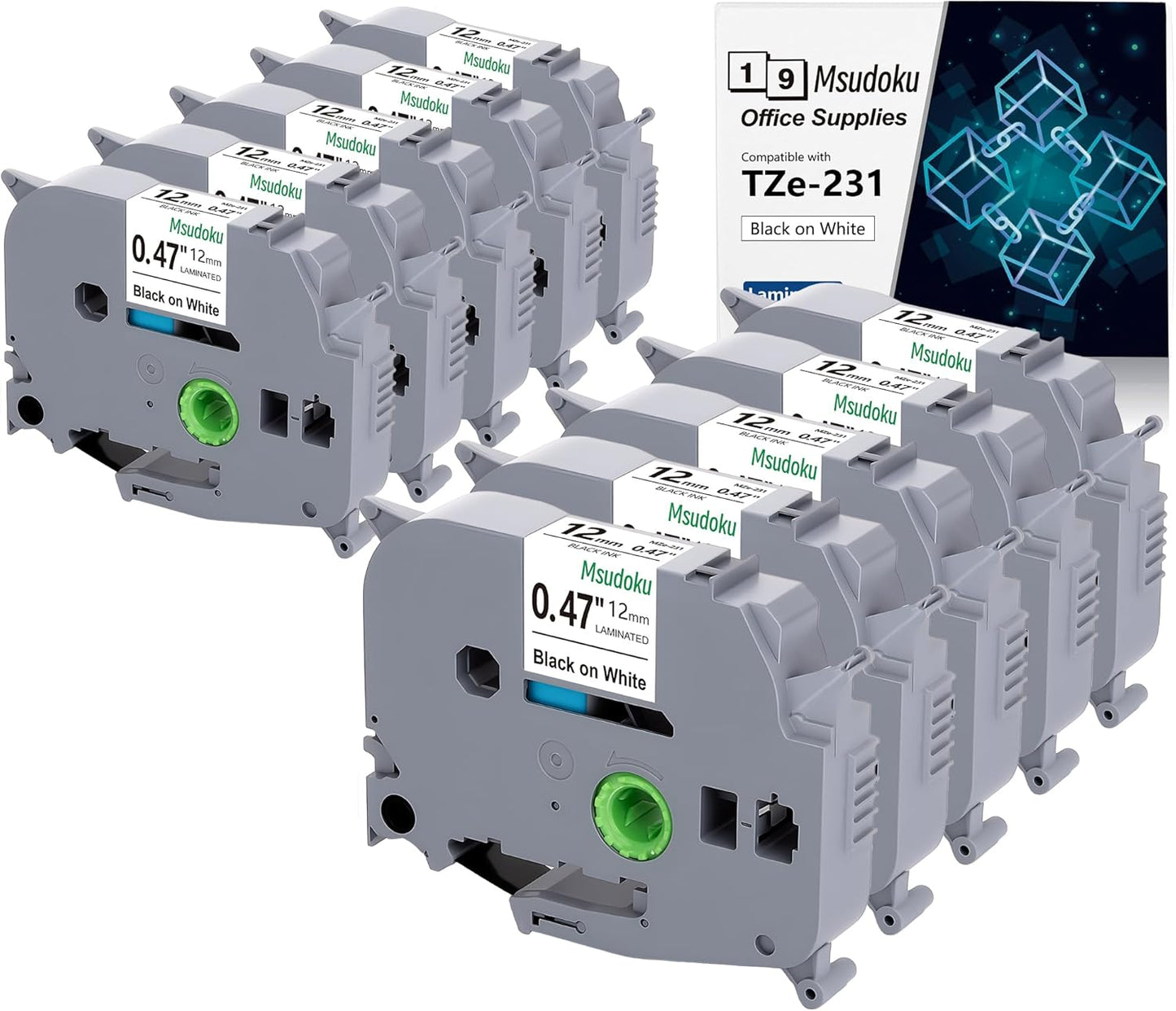 Tze TZ Tape 12mm 0.47 Laminated White Compatible for Brother Label Maker Tape 12mm 1/2" Black on White Tape for Ptouch PT PTD200 PTD410 D210 D220 D610 P710BT PTH110, 10-Pack