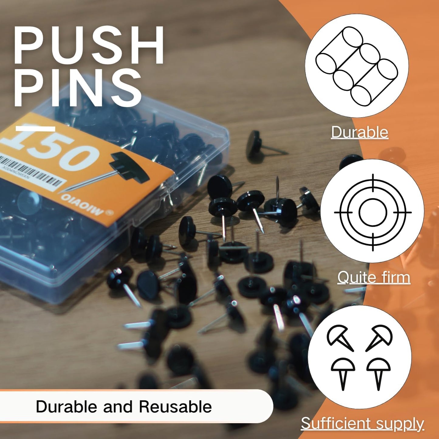 150 PCS Black Flat Push Pins for Wall Thumb Tacks for Walls Flat thumbtacks Push pin for Bulletin Board Shadow Box Display Thumbtack for Cork Board