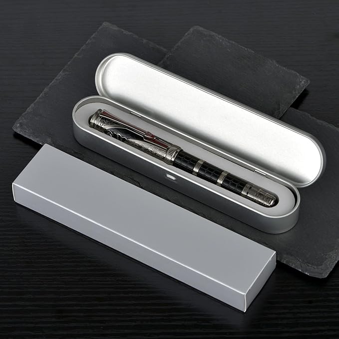 Hongdian D5X Fountain Pen Black Fine Nib, Qin Dynasty Retro Chinese Totem Engraving with Converter and Pen Box Set