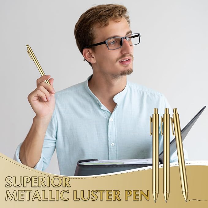 50 Pcs Gold Metallic Slim Ballpoint Pens Bulk Retractable Black Ink Medium Point (0.5mm) Smooth Writing Pens for Wedding Bridal Shower Business Office Students Teachers (Classic Style)