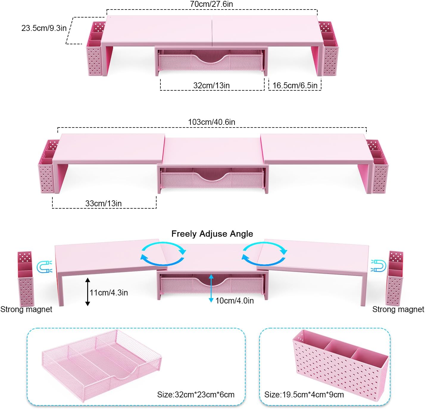 Spacrea Metal Desk Organizers and Accessories, Dual Monitor Stand Riser with Drawer and 2 Pen Holders, Desk Accessories & Workspace Desktop Organizers for Office Supplies (Pink)