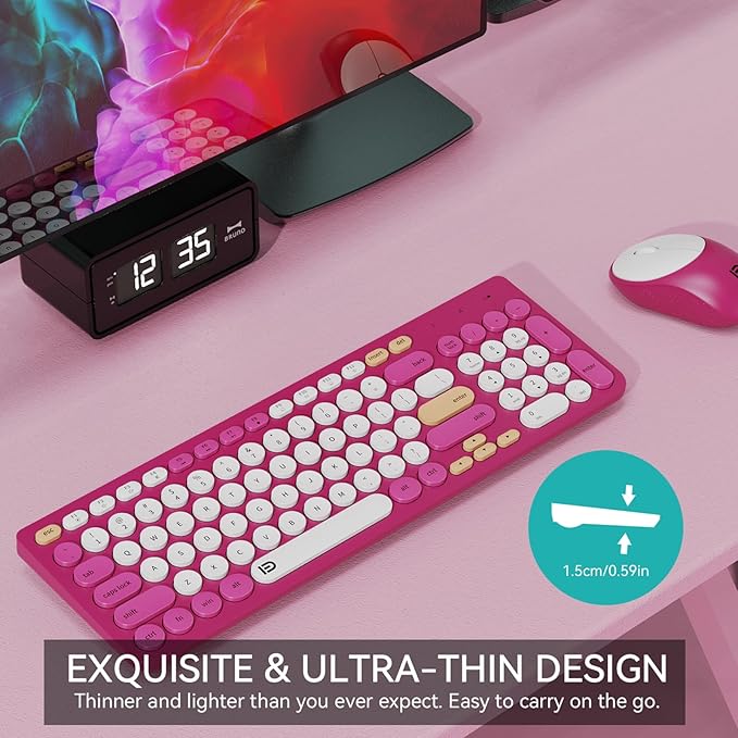 FD Wireless Keyboards and Mouse Combo - 2.4GHz USB Cordless, Cute Wireless Keyboard Round Keys, Quiet and Slim Set for Laptop, Computer, TV and Mac - Strawberry White Colorful