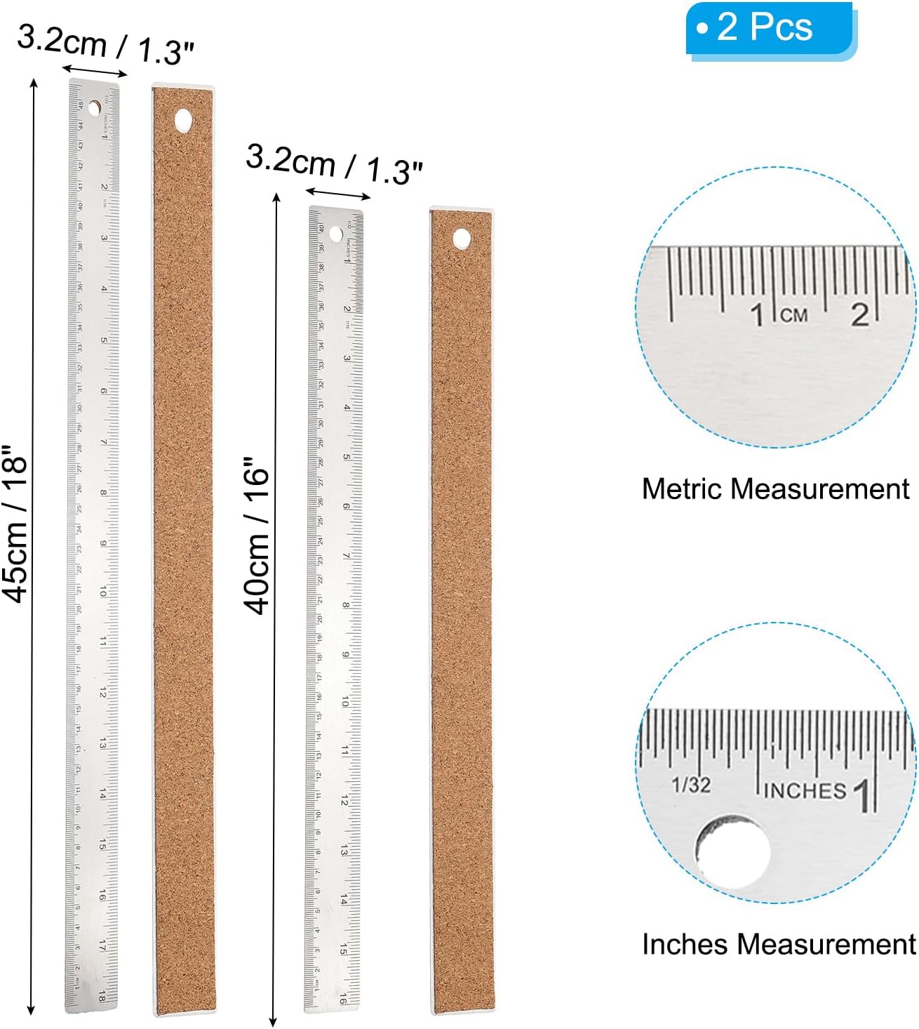 PATIKIL 16, 18 Inch Stainless Steel Straight Edge Ruler, 2 Pcs Cork Backing Non-Slip Metal Ruler with Inches Centimeter Metric Measuring Tools for Office