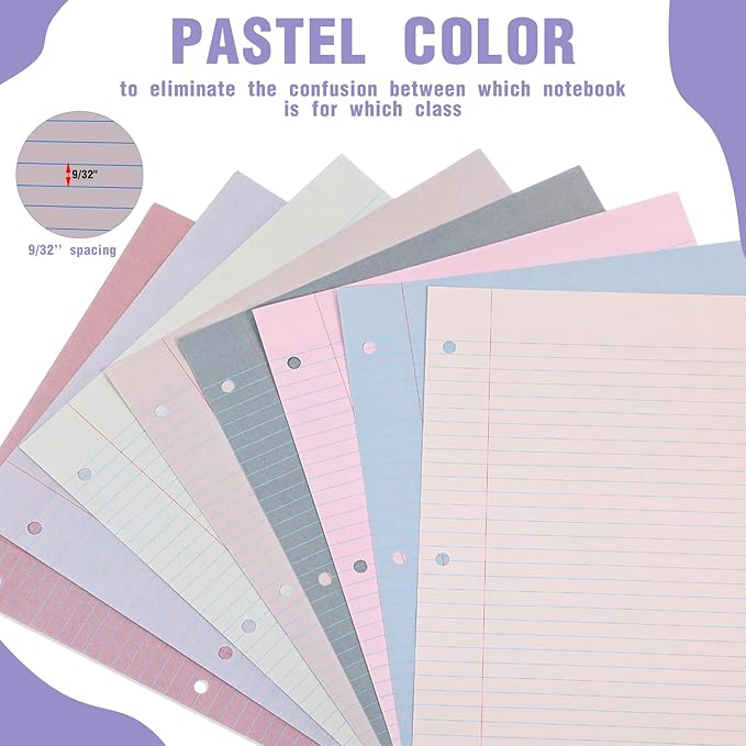 PerKoop 400 Sheets Colored Loose Leaf Paper 8.5" x 11" college ruled Lined 3 Hole Punched notebook Filler Paper for 3 Ring Binders Office School Supplies (Sweet Color)