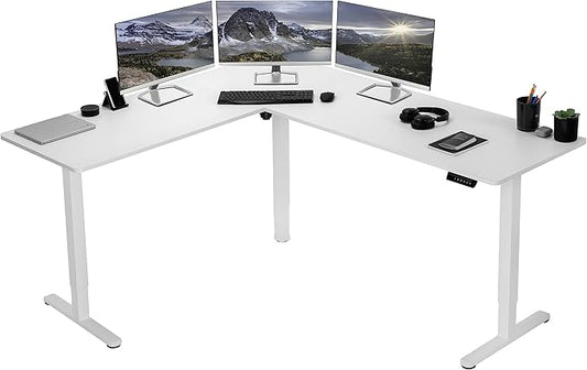 VIVO Electric Corner L-Shaped 75 x 63 in Rustic Standing Desk, Memory Height Adjustment, White Top White Frame, DESK-E3CTW-75