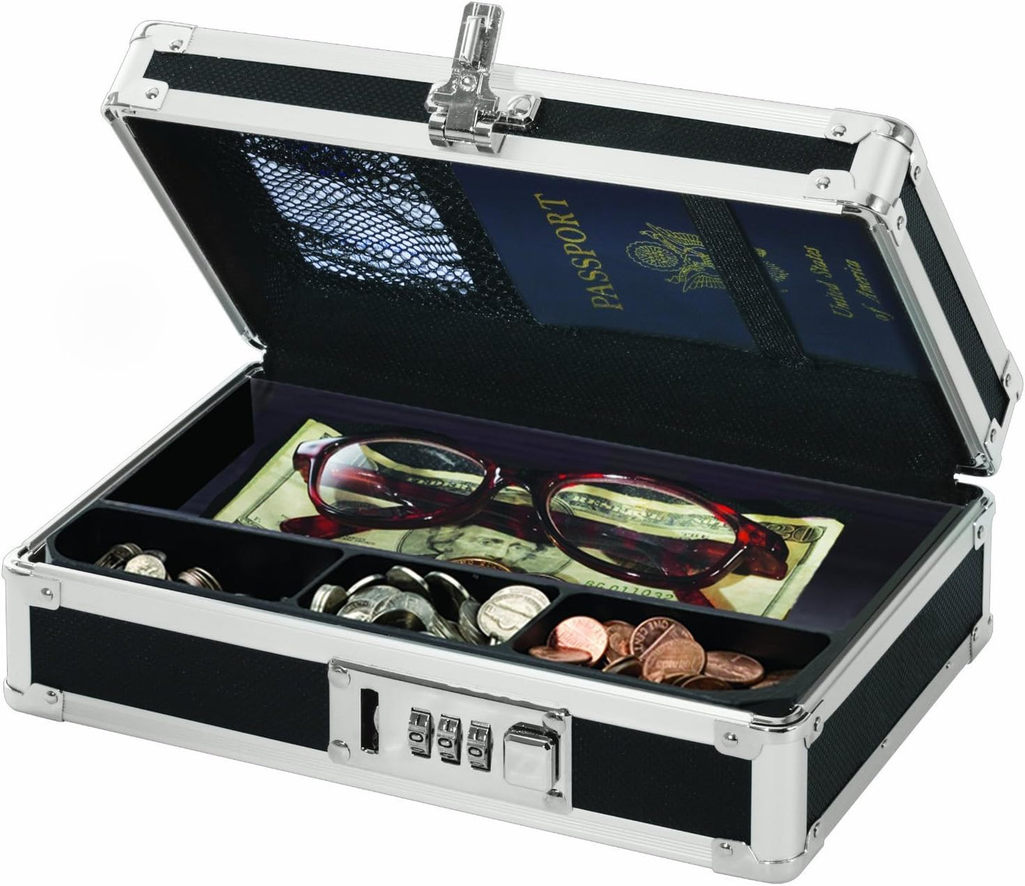Vaultz Locking Mini Cash Box with Bill and Coin Tray, 8.5 x 2.75 x 5.5 Inches, Black (VZ00304)
