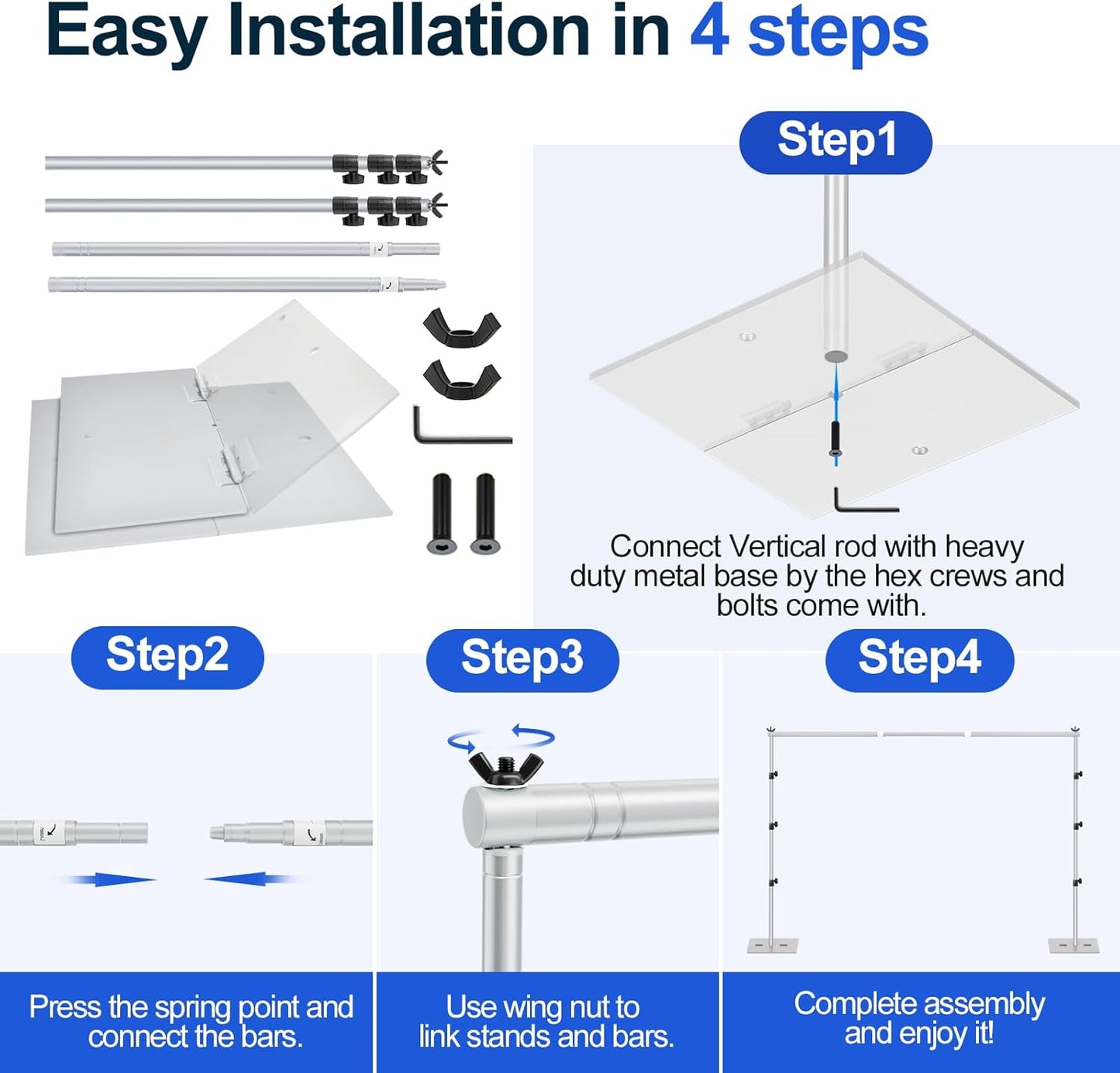 EMART Backdrop Stand, 8.5x10ft Width Adjustable Photography Background Support Poles with Heavy Duty Flat Base, Photo Metal Steel Pipe and Drape Frame Kit for Parties Birthday Wedding - Silver