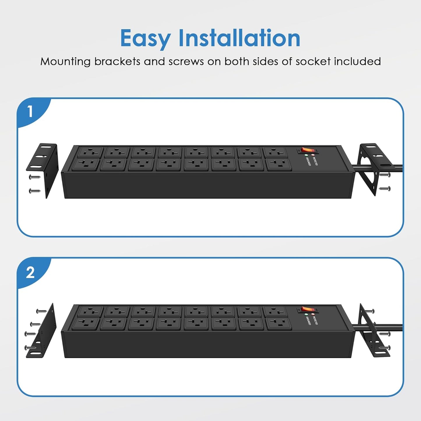 JUNNUJ Heavy Duty 20 Amp Power Strip 4800J, 16 Outlets 12 Gauge Garage Industrial Surge Protector, High Amp 5-15P Adapter Shop 6-20R T-Slot Metal Outlet, 6 FT Extension Cord Commercial for Appliance