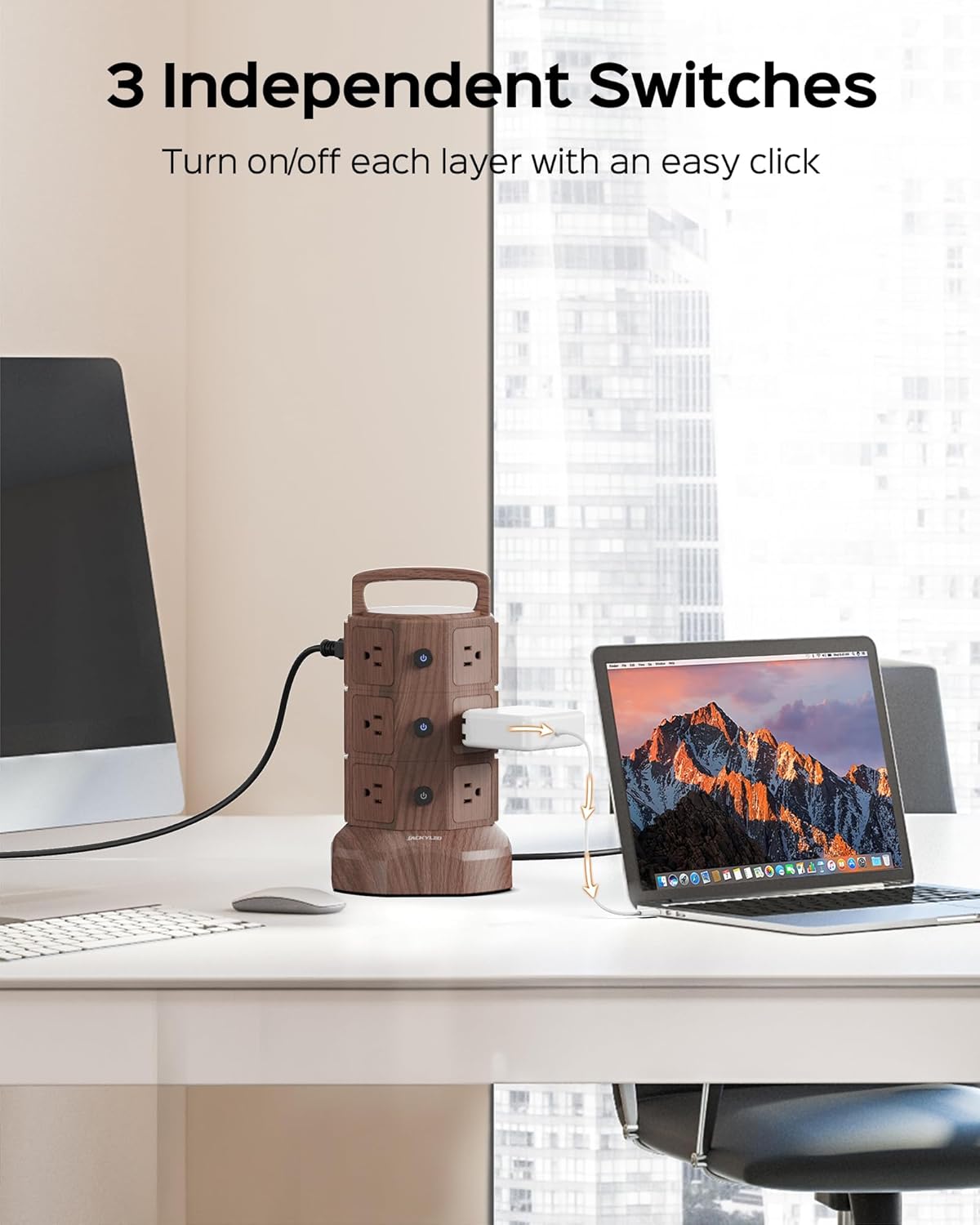 JACKYLED Power Strip Tower Surge Protector with 6.5ft Extension Cord 6 USB Ports and 12 AC Outlets Electric Charging Station for Home Office Dorm Desktop Computer Walnut and Black