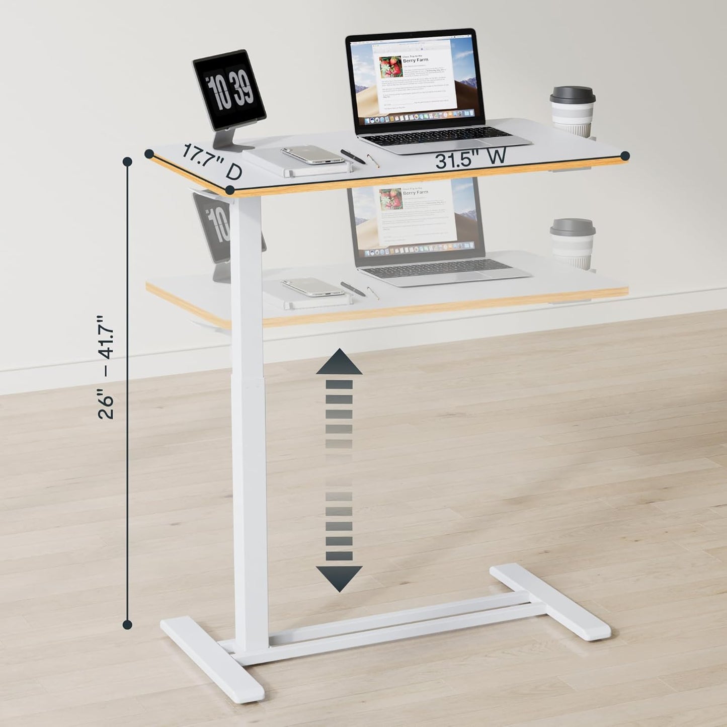 FLEXISPOT Mobile Standing Desk with Wheels Pneumatic Laptop Rolling Computer Cart Movable Height Adjustable Small Sit Stand Desk Computer Workstations Home Use（31.5" W x 17.7" D,White+Maple
