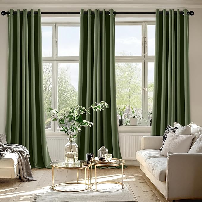 MIULEE Olive Green Blackout Curtains for Bedroom Living Room 90 Inches Long 2 Panels, Thermal Insulated Room Darkening Drapes Solid Grommet Top Noise Reducing Dark Green Window Treatments 40x90 Inch