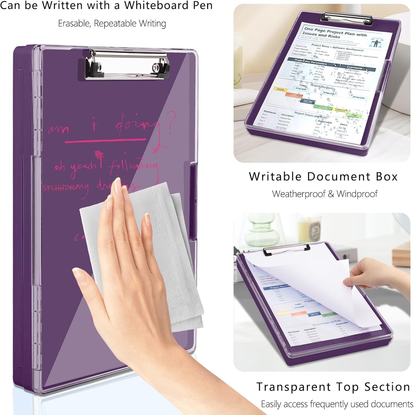 Clipboard with Storage,Heavy Duty Clip Boards 8.5x11 with 2 Storage Case,Clear Visible Top Panel Storage Clipboards,Side Open Clip Boards,Nursing Clipboard Folder Case for Office Supplies-Dark Purple