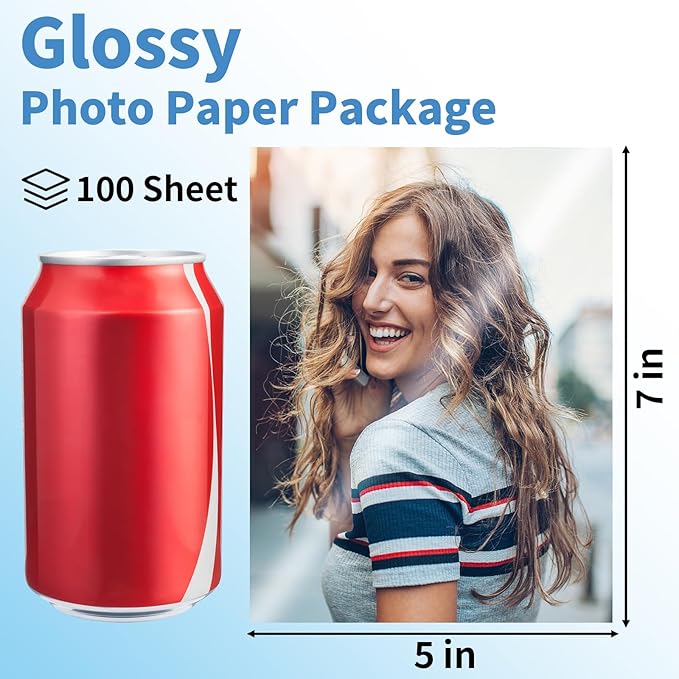 Photo Paper 5 x 7inches, 100 Sheets Glossy Photo Printer Paper, Instant Dry Picture Paper for DIY Chip Bag, Flyers, Cards, Calendars and Brochures(180gsm/48lb)
