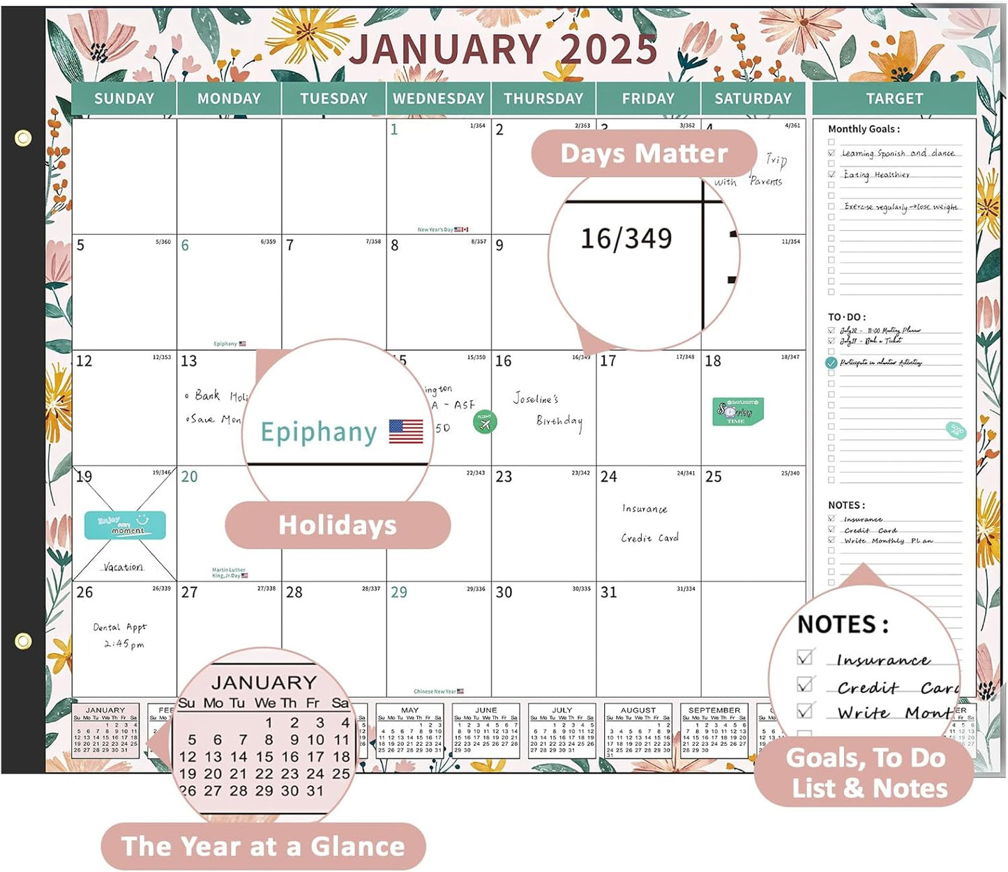 Ospelelf Desk Calendar 2025-2026 Large 22"x17" Monthly Planner Pad with Plastic Cover 18 Months Ditsy Floral